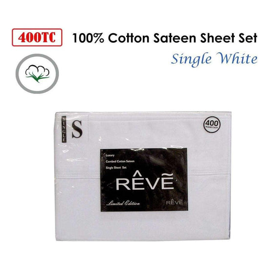 400TC Reve 100% Cotton Sateen Sheet Set White Single - Magdasmall