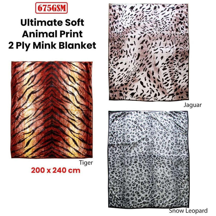 675gsm 2 Ply Animal Print Faux Mink Blanket Queen 200x240 cm Snow Leopard - Magdasmall