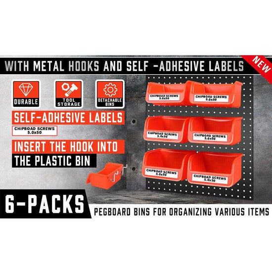 6Pc Pegboard Bins Peg Board Parts Storage With Steel Hooks Tools Organiser Tray - Magdasmall