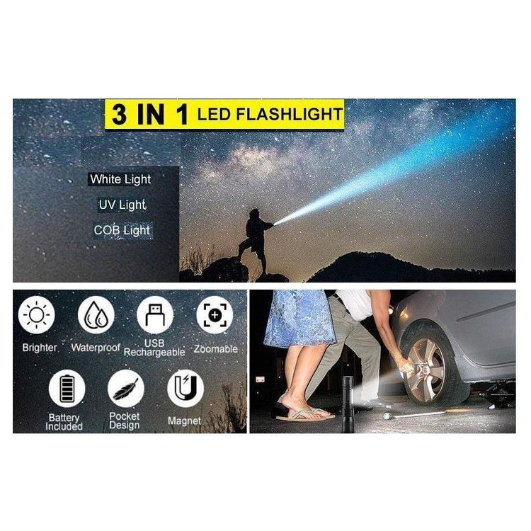 7 Modes Waterproof Rechargeable UV Light Flashlight Torch for Camping - Magdasmall