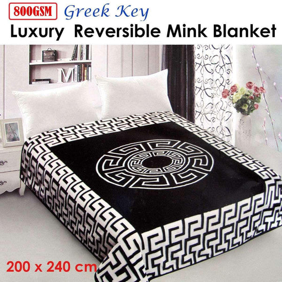 800GSM Luxury Reversible Mink Blanket Greek Key Black Queen 200 x 240 cm - Magdasmall
