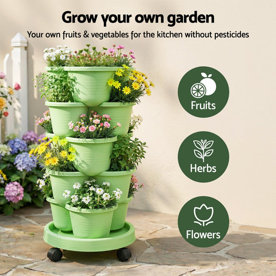 Green Fingers 5 Tier Vertical Garden Planter, Stackable Planters with Wheels, Light Green, Garden Bed, Garden Tower Indoor Outdoor, Auto Drainage System, for Strawberries, Herbs, Flowers, Vegetables