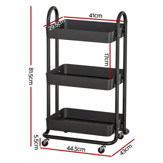 Artiss Storage Trolley Kitchen Cart 3 Tiers Rack Shelf Organiser Wheels Black