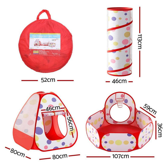 Keezi Kids Playhouse Play Tent Pop Up Teepee Ball Pit Tunnel Basketball Hoop Red