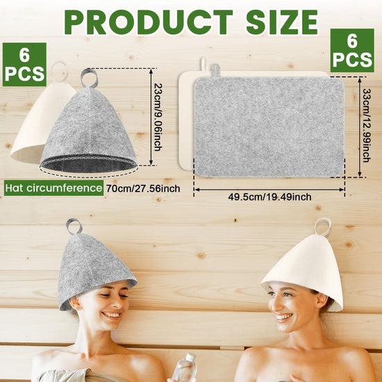 6Pcs Sauna Hats & 6Pcs Sauna Mats, Felt Sauna Hat, Bath Hair Caps with Loops, Heat Insulation Sauna Mat, Head Protection Shower Hat, Safe Sauna Mat Set, Sauna Accessories for Home