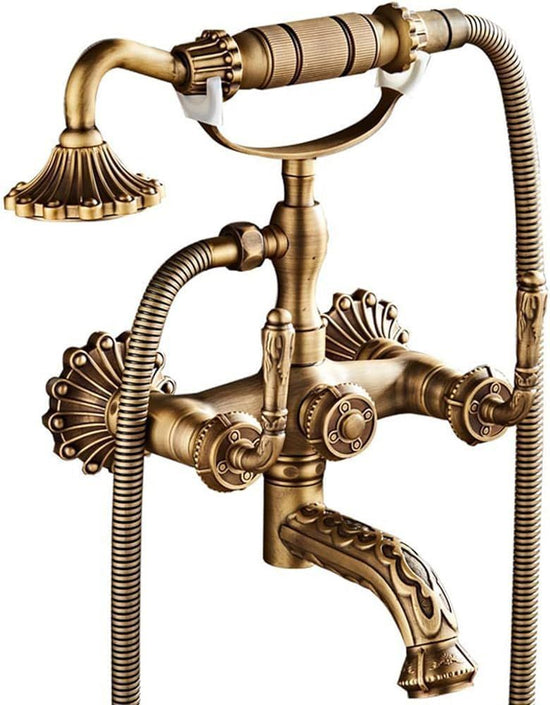 Clawfoot Bathtub Faucet with Handheld Shower – 2-Function Wall-Mounted Tub Faucet Set, Dual Cross Handles, Brass Hot & Cold Vintage Shower Faucet Set for Bathroom Sink - Bronze - Size A