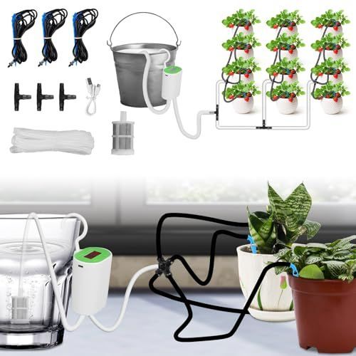 Automatic Plant Watering System – Indoor Drip Irrigation Kit with Timer & Pump, Rechargeable Programmable Watering Device for 12 Potted Plants,Self-Watering System for Houseplants, Greenhouse&Office