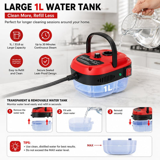 Versora Pro Car Steam Cleaner, 2500W Steam Cleaner, Lightweight High-Temp Steamer for Auto Detailing, Sofa, Tile & Grease, Large Tank + Brush Heads Included - Red