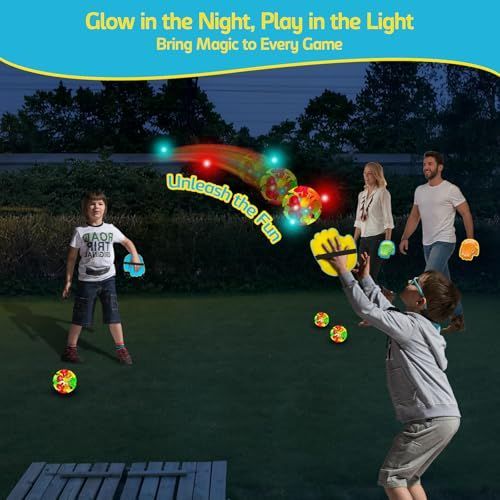 LED Toss and Catch Ball Game Set - 1 LED and 1 Regular Suction Cup Ball with 2 Easy-Grip Gloves - Beach Sports Toys for Kids - Outdoor Games for Backyard or Park - Easter Gift for Kids