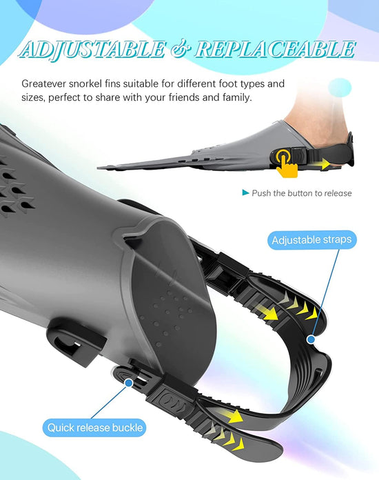 Gray Adjustable Open Heel Snorkel Fins, Travel-Size Short Swim Flippers for Snorkeling, Diving & Swimming, Adult Men & Women(S/M)
