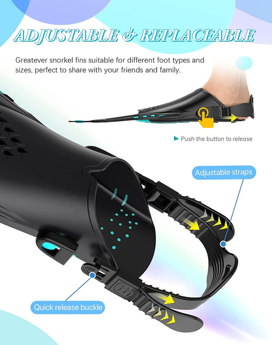 Green Adjustable Open Heel Snorkel Fins, Travel-Size Short Swim Flippers for Snorkeling, Diving & Swimming, Adult Men & Women(S/M)