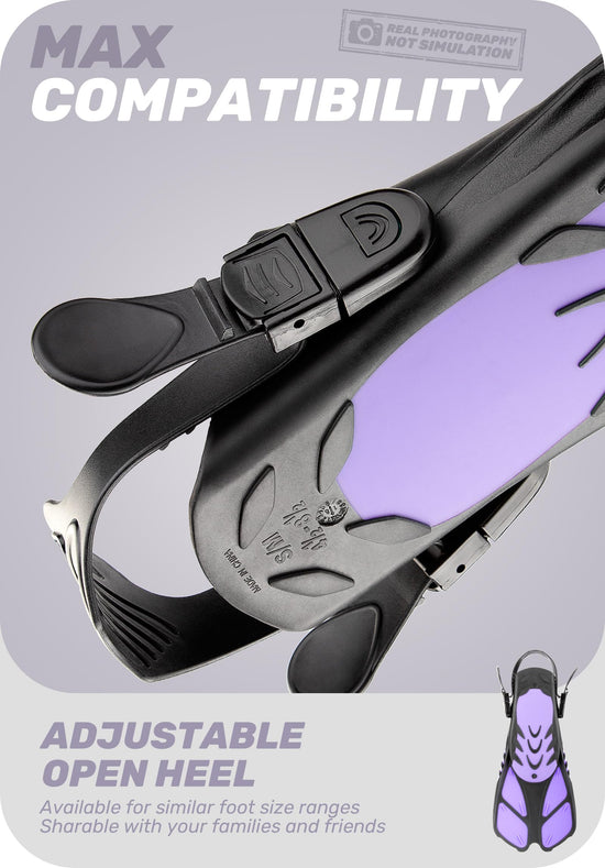 Purple Adjustable Open Heel Snorkel Fins, Travel-Size Short Swim Flippers for Snorkeling, Diving & Swimming, Adult Men & Women(S/M)
