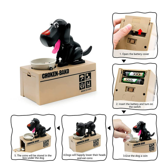Interactive Dog Coin Bank – Automatic Electric Money Saving Piggy Bank with Moving Dog Design – Fun Kids Gift & Desk Decor (Black)