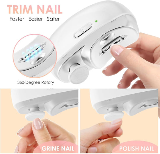 3-in-1 Electric Nail Trimmer for Kids, Adults & Seniors – Auto Nail Clipper with Polish Plate, Dust Collector, LED Light, Whisper-Quiet 40dB Operation, USB-C Rechargeable, Safe for Sensitive Nails (White)