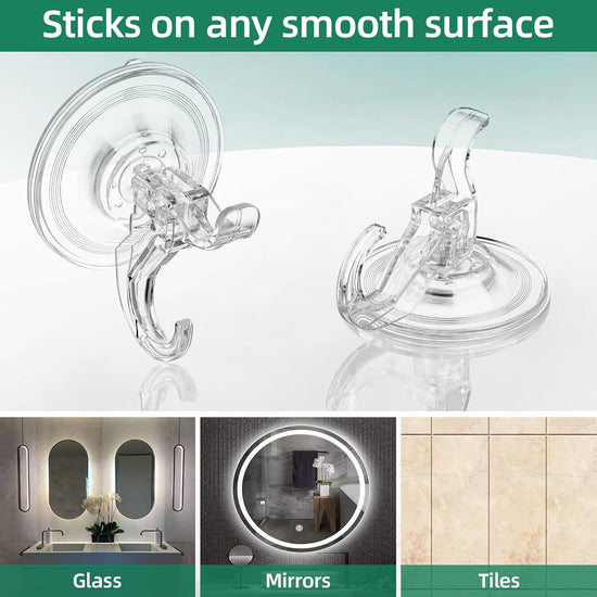 6-Pack Clear Suction Cup Hooks with Dual Hooks & Locking Lever—Reusable, Tool-Free Hanging for Glass, Mirrors, Tiles, Shower Walls—Ideal for Towels, Wreaths, Keys, Kitchen Tools