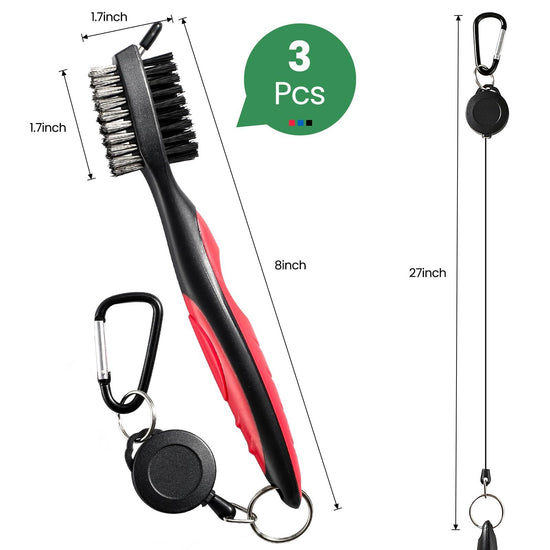 Golf Club Cleaning Brush Set with Retractable Zip Line – 3-Pack Dual-Sided Brush for Deep Groove Cleaning (Blue)