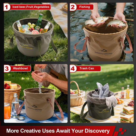 Multi-Use Collapsible Bucket – Foldable Camping Container with Dual Handles, 10L/20L Capacity, Supports 22 lbs or 44 lbs, Waterproof PVC Mesh for Fishing, Washing, Picnics & Outdoor Use (Forest Green,Trumpet)