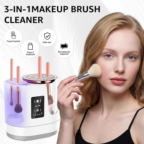 3-in-1 Electric Makeup Brush Cleaner & Dryer – Touchscreen Control, UV Sanitizing, 5-Min Auto Clean, 2H/5H Drying Modes, Fits All Brush Sizes, Rose-Gold Trim, USB-C Powered, No Batteries Needed (White)