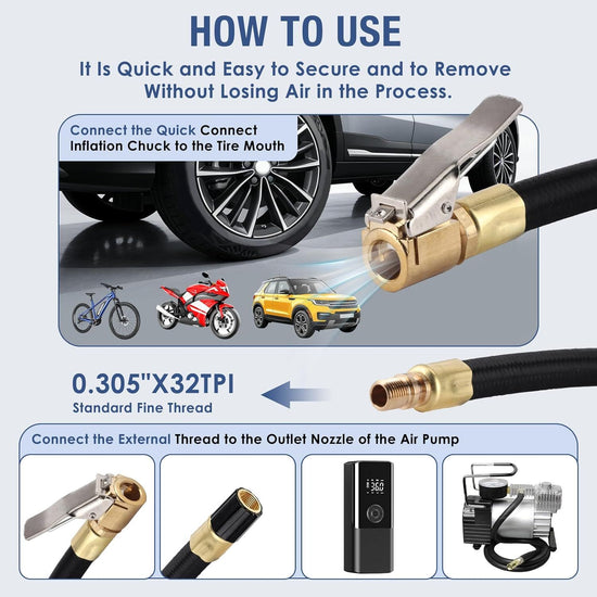 2PCS Tire Inflator Extension Hose with Quick Connect Chuck, Universal Air Pump Adapter for Car, Motorcycle, Bicycle, Heavy-Duty Nylon & Copper (Black)