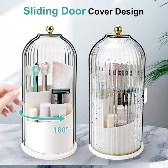360° Rotating Makeup Brush Holder with Dustproof Cover, 3-Slot Vanity Organizer for Cosmetics & Toiletries, Birdcage Design for Bathroom & Desk (White)