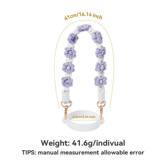 Hand-Woven Flower Water Bottle Strap with Silicone Ring 41cm/16.14 inch – Universal Cup Holder for 14oz, 30oz, and 40oz Stanley Tumblers, Adjustable Shoulder Strap with Rose Gold Clips and Net Pouch (Purple)
