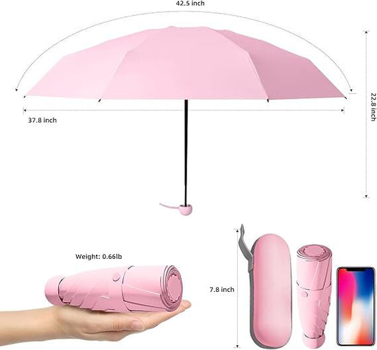 Mini Travel Umbrella – Compact Sun & Rain Protection for Women, Kids | UV-Blocking Pocket Umbrella with Case | Lightweight Foldable Umbrella(pink)