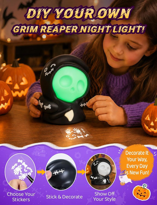 Halloween Grim Reaper Night Light with Pull-Back Action & RGB Colors, DIY Sticker Decor, USB-C Rechargeable Bedside Lamp for Kids Room Party (Black)