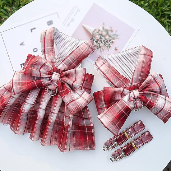 pet products Dog Dress Bowknot Harness Leash Set for Small Dogs Girl Cute Plaid Dog Dress Pearls Bow Tie Spring Summer Princess Clothes Birthday Holiday Doggie Outfits for Puppy Cats Girl Apparel