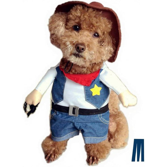 pet products Small Dog Cowboy Costume with Hat 2pcs Funny Halloween Chucky Costumes Cool West Cowboy Uniform Puppy Denim Overalls Western Cosplay Sheriff Outfits Cat Apparel