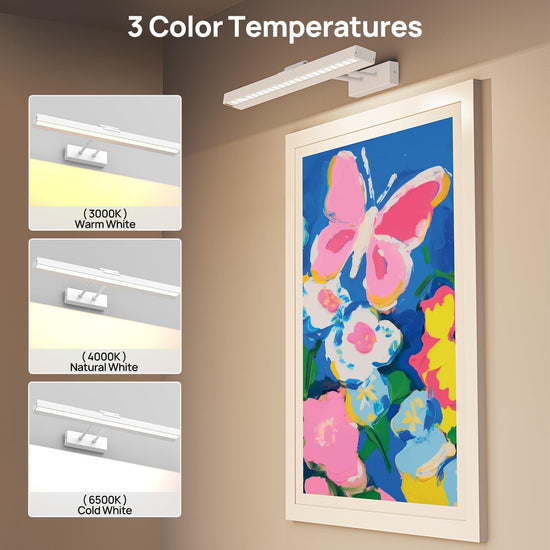 Picture Light Battery Operated, 16in Wireless Art Light for Paintings CCT Dimmable Recharging Battery Picture Light with Remote Control for Gallery Dartboard Art Bedroom Bathroom White