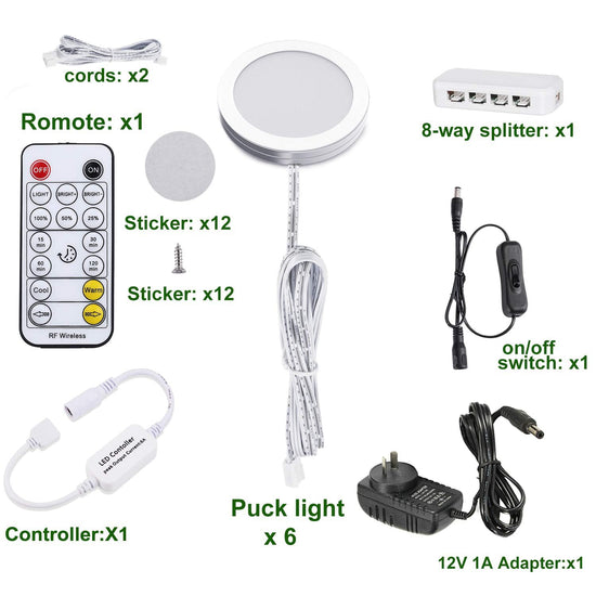 LED Under Cabinet Puck Lights CCT Light Color Temperature Adjustable Warm+White Double Color with Dimmable RF Remote Controller for Kitchen Shelf Ambiance Display Lighting (8 Lights, 24W)