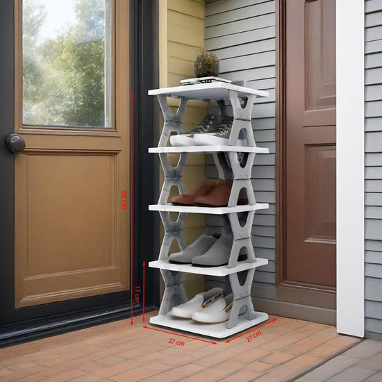 5 Tier Foldable Vertical Shoe Rack, X-Design Tall Shoes Organiser for Narrow Space, Corner Shelf for Single Dormitory Or Small Room