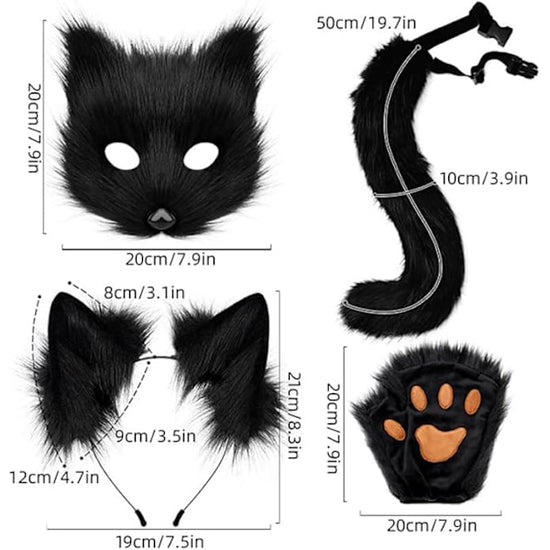 Grey Fox Tail Cat Ears Gloves Halloween Cosplay Costume Set