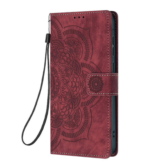 Compatible with Samsung Galaxy S21 Ultra 5G Case Red Mandala Embossed Retro Frosted Leather Phone Cover