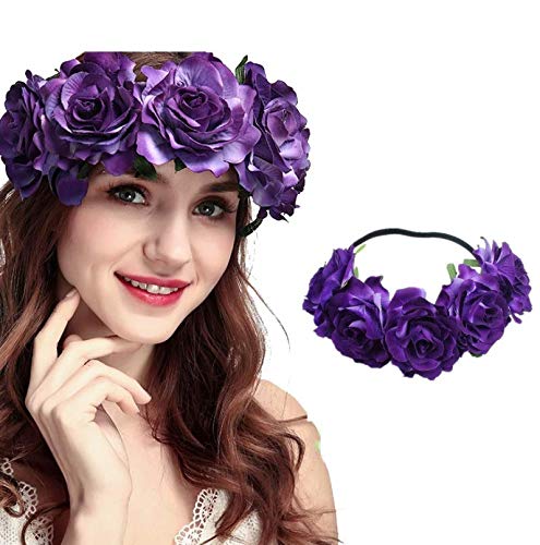 Rose Floral Headpiece - Fake Flower Crown, Headband for Women, Girls, Hair Accessory, and Pet Wreath (Purple)