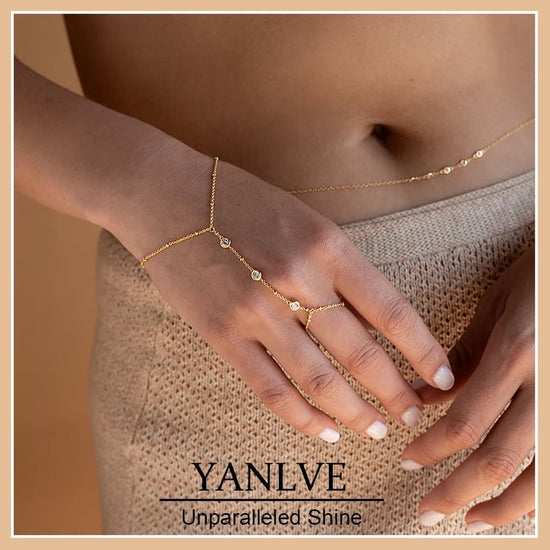 Hand Chain Bracelet 14K Plated Gold Bracelet Stack Finger Ring for Women Adjustable Rhinestone Ring Bracelet Hand Chain for Women Trendy Jewelry Non Tarnish Gold Ring Hand Bracelet Gold