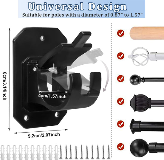 8PCS No Drill Curtain Rod Brackets,Nail Free Adjustable Curtain Rods No Drilling,Self Adhesive Curtain Rod Holder,Perforated Curtain Rod Hook,Non Screw Stick On Sticky Black Drape Pole Hanger Black