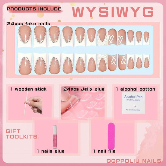 Nude Square Press on Nails Short Length,White French Tips Fake Nails with Rhinestones Design for Birthday/Bride/Holiday/Christmas/Valentine&