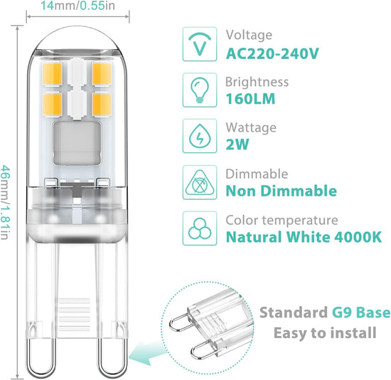 G9 LED Bulbs 1.5W Equivalent to 20W Halogen, 4000K Natural White Light, Non-Dimmable Mini Bulbs, 6-Pack Compatible with MGF