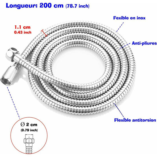 Shower Hose, 2M Stainless Steel Shower Hose, Universal Shower Hose, Universal Threaded Connector (G1/2 Inch) (2M)