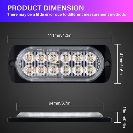 2 pcs 12 LED Amber Strobe Brake Light, 12V 24V LED Light Bar For Offroad Vehicle Car Van Boat Trailer Caravan, 3000K