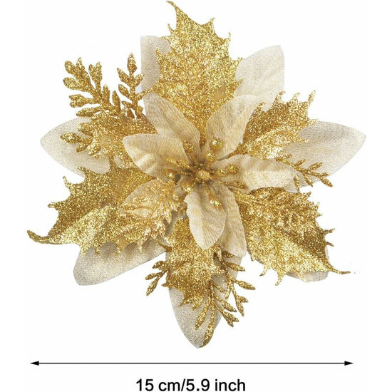 12 pcs Glitter Christmas Flowers (15Cm) With 12 pcs Artificial Poinsettia For Christmas Tree(Gold)