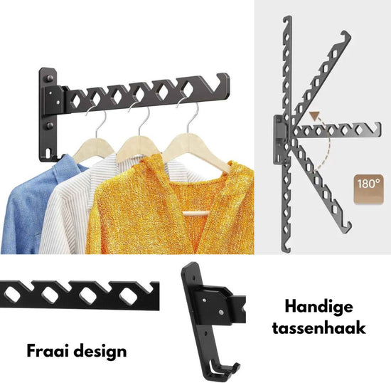 Wall-mounted coat rack - foldable - black - 35 cm - coat hook - hanger - drying rack