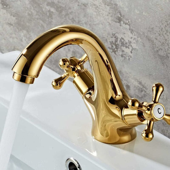 retro two-handle basin taps, in vintage antique brass, with cross handle, elegant design and simple holes, gold plated