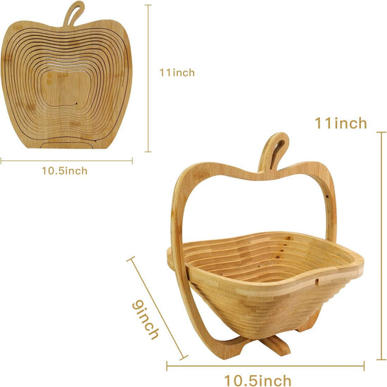 Apple Shaped Collapsible Bamboo Fruit Basket, Foldable Fruit Bowl Holder & Snack Dry Fruit Storage Basket, Decorative Serving Tray for Kitchen, Holiday Party, Christmas & Halloween Home Decor