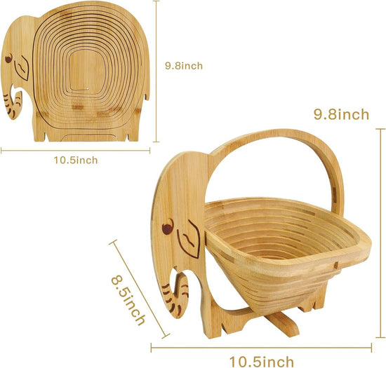 Elephant Shaped Collapsible Bamboo Fruit Basket, Foldable Fruit Bowl Holder & Snack Dry Fruit Storage Basket, Decorative Serving Tray for Kitchen, Holiday Party, Christmas & Halloween Home Decor