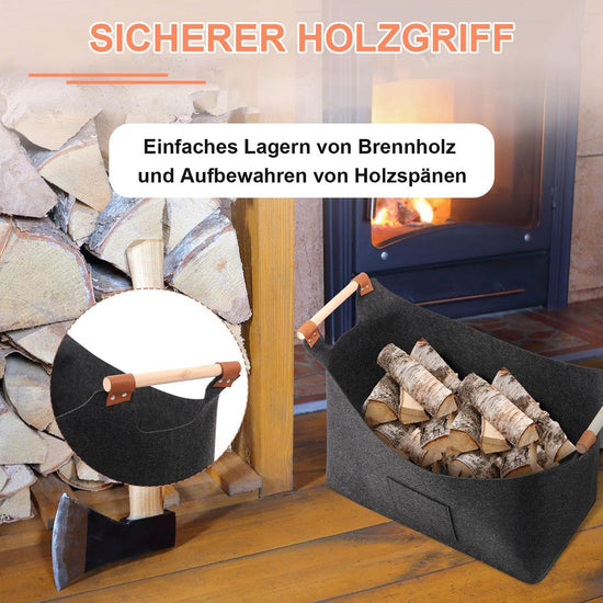 wood basket - firewood basket - storage basket - Foldable felt firewood basket with wooden handles - Fireplace Wood Basket - firewood basket - storage basket for wood, toys and books - Firewood basket - Dark grey