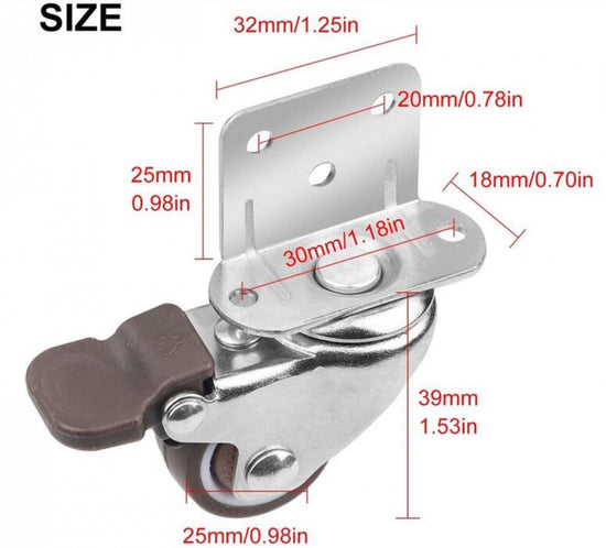 Casters Set of 4 with Brakes - 25mm + Screws TPR Rubber Heavy Duty Wheels 15KG - Furniture Casters for Furniture - Casters for Trolley - Heavy Duty Casters - Rubber Trolley Wheels