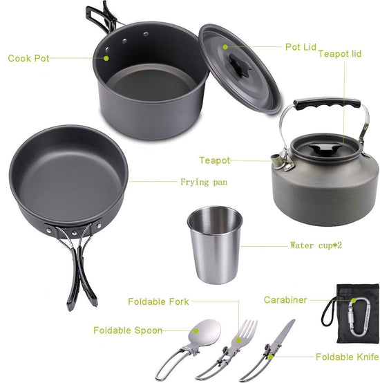 Cookware - 9-piece - for camping, outdoor, hiking, picnic, BBQ, foldable camping pans - safe and BPA - Suitable for 2-3 people camping pan set