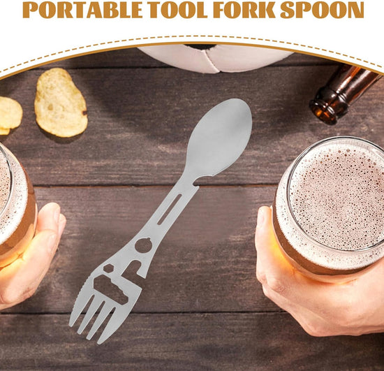 Stainless Steel Spoon and Fork - 10-in-1 Multi-Tool - Works as a combination spoon, fork, knife, bottle opener and wrench - Ideal for picnics, travel, backpacking, hiking and fishing - Silver